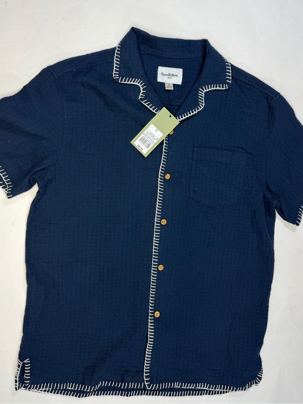 Goodfellow & Co Navy Short-Sleeve Camp Collar Shirt with Contrast Stitch